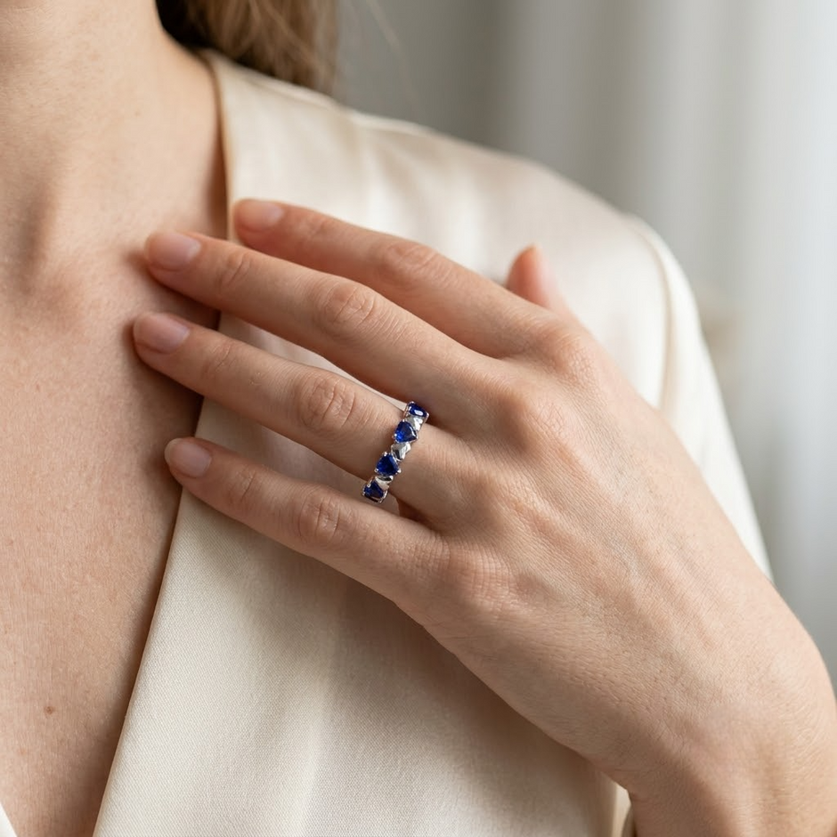 925 Sterling Silver Heart Eternity Ring with Blue CZ Stones