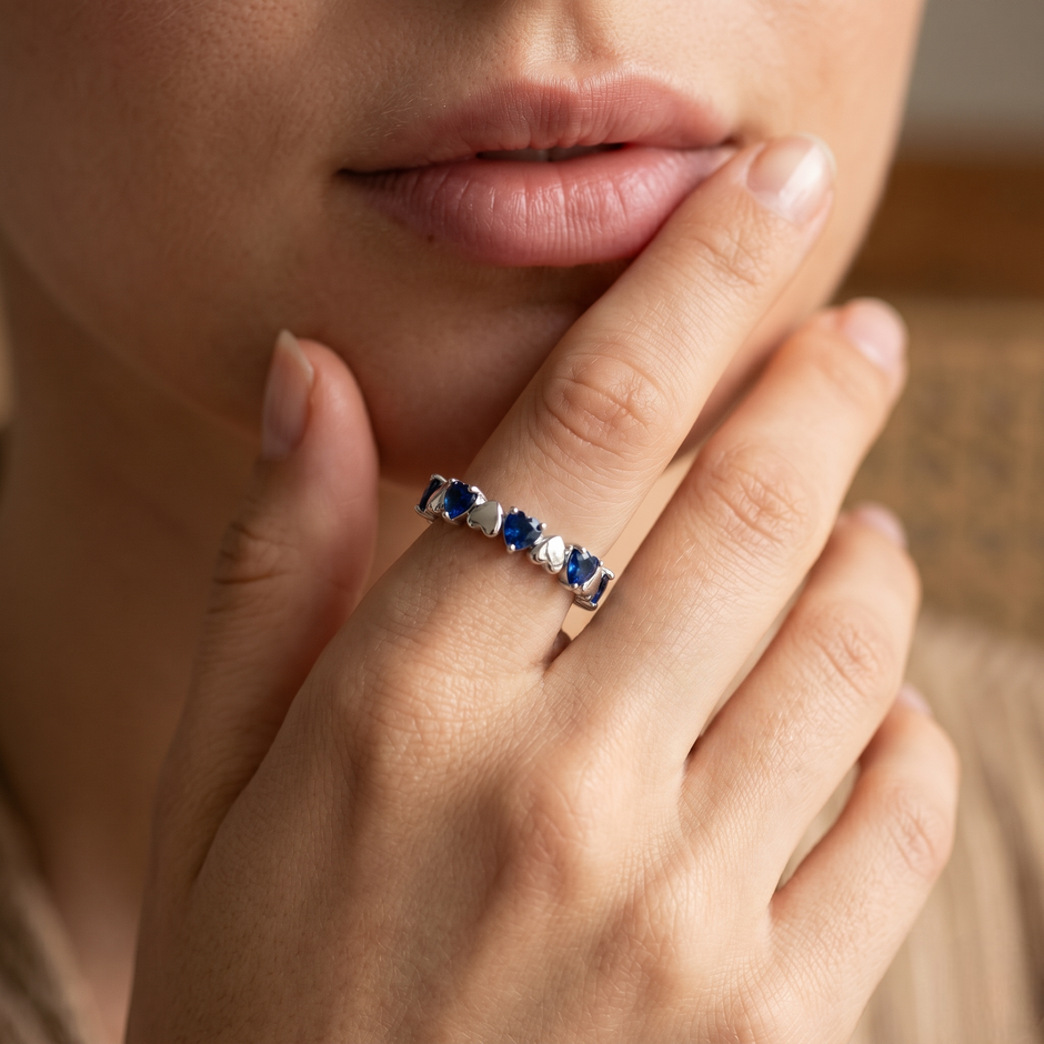 925 Sterling Silver Heart Eternity Ring with Blue CZ Stones