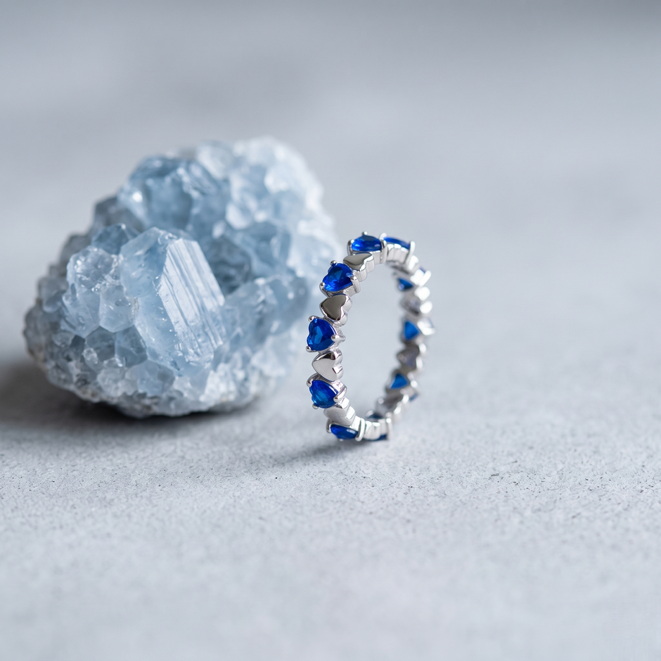 925 Sterling Silver Heart Eternity Ring with Blue CZ Stones