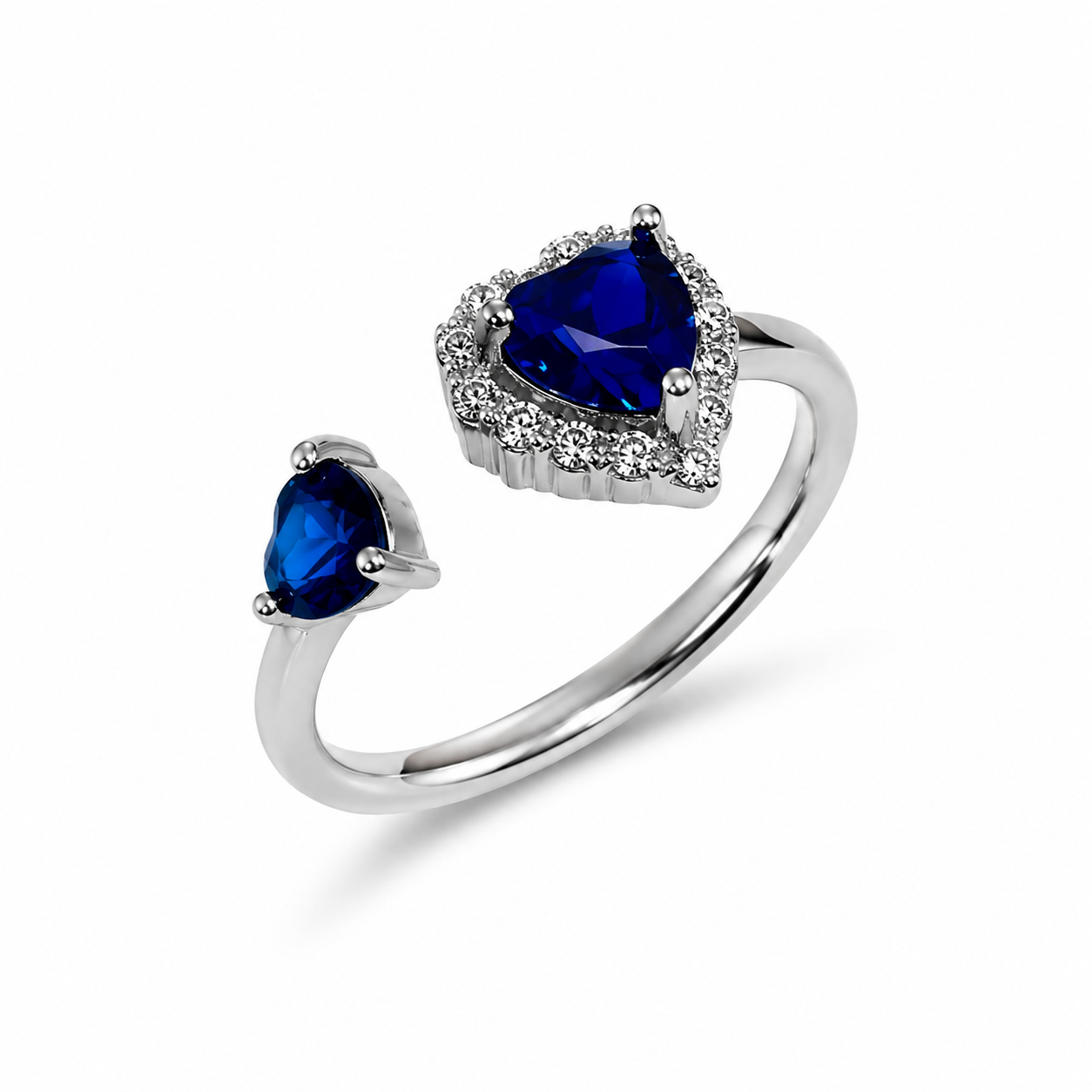 925 Sterling Silver Open Heart Ring with Blue CZ and Clear Halo Accent.