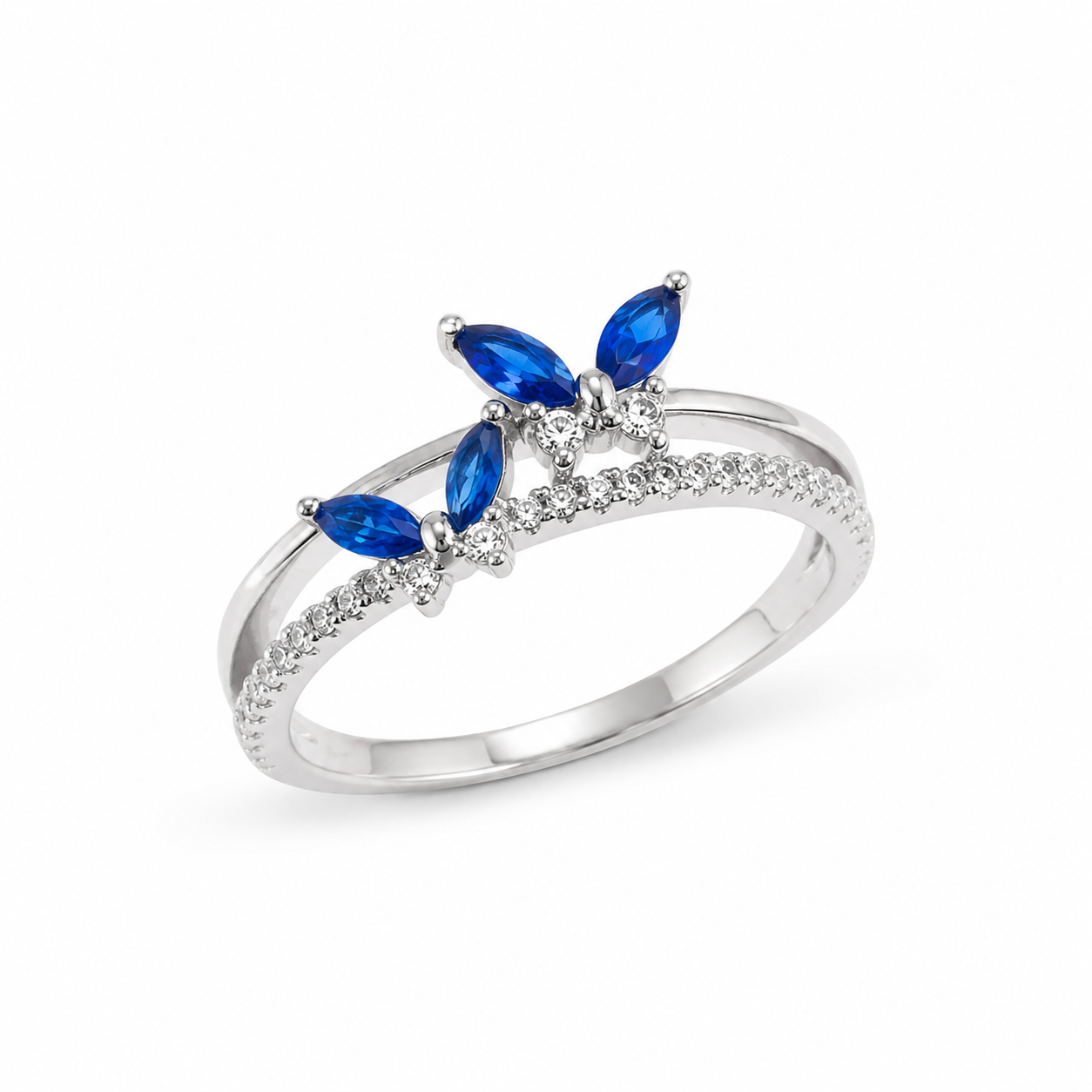 925 Sterling Silver Blue Marquise CZ Floral Ring for Women on Slate Stone Display