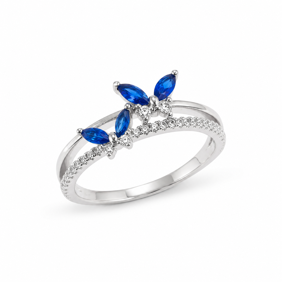 925 Sterling Silver Blue Marquise CZ Floral Ring for Women on Slate Stone Display