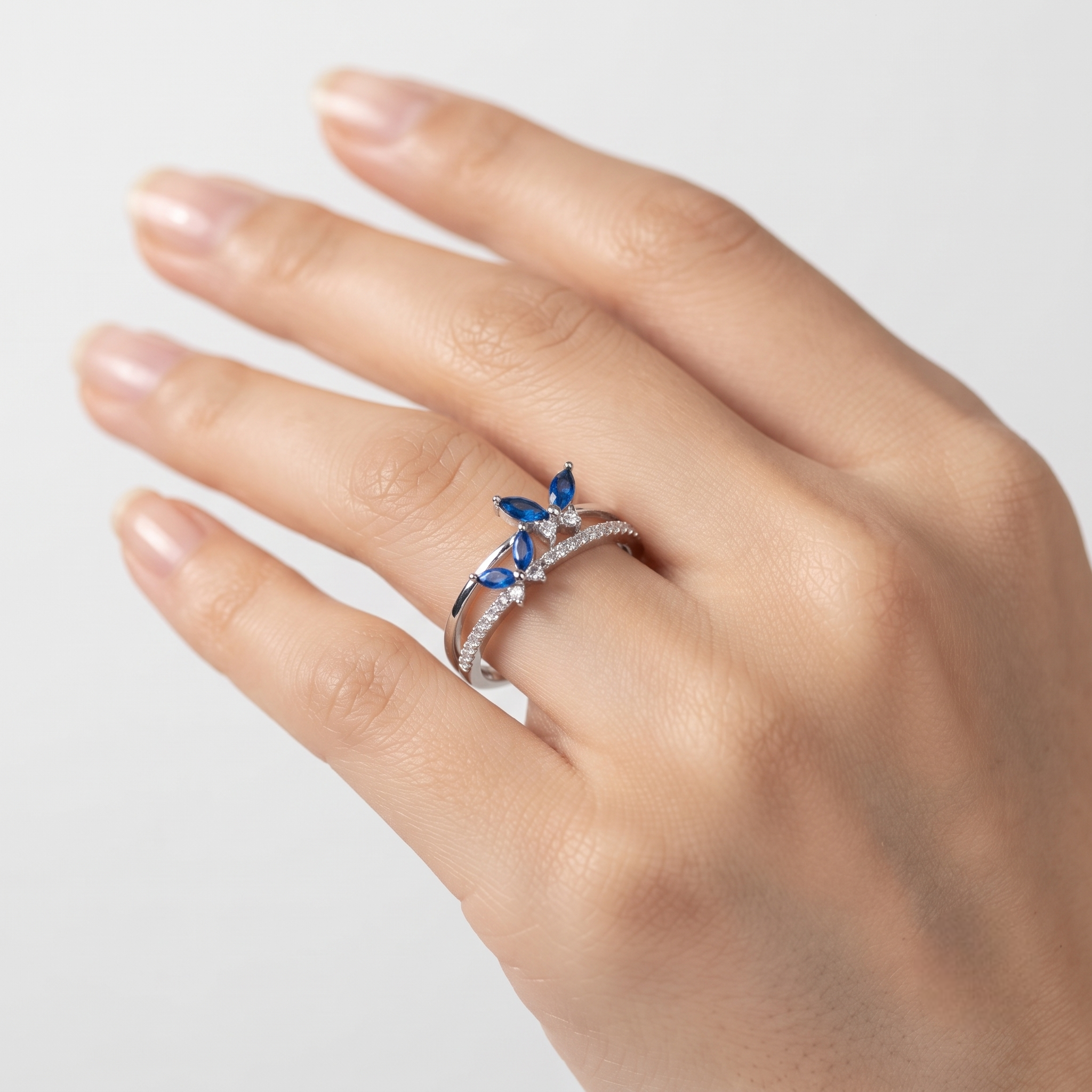 925 Sterling Silver Blue Marquise CZ Floral Ring for Women on Slate Stone Display