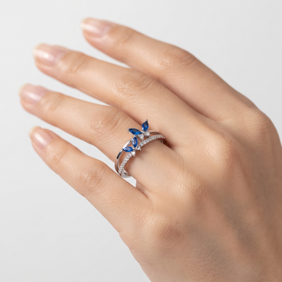 925 Sterling Silver Blue Marquise CZ Floral Ring for Women on Slate Stone Display