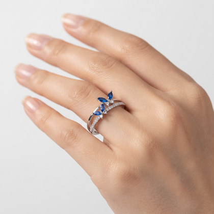 925 Sterling Silver Blue Marquise CZ Floral Ring for Women on Slate Stone Display