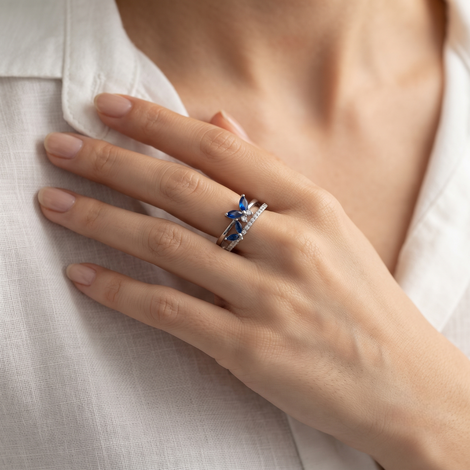 925 Sterling Silver Blue Marquise CZ Floral Ring for Women on Slate Stone Display