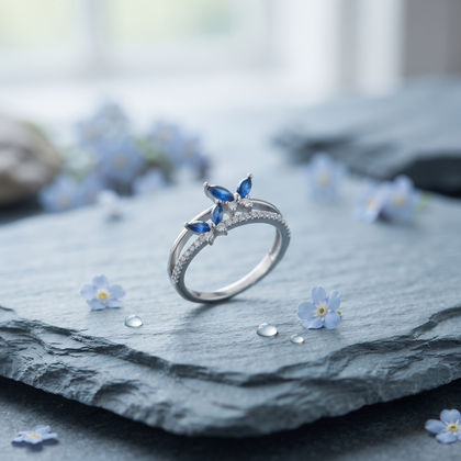 925 Sterling Silver Blue Marquise CZ Floral Ring for Women on Slate Stone Display