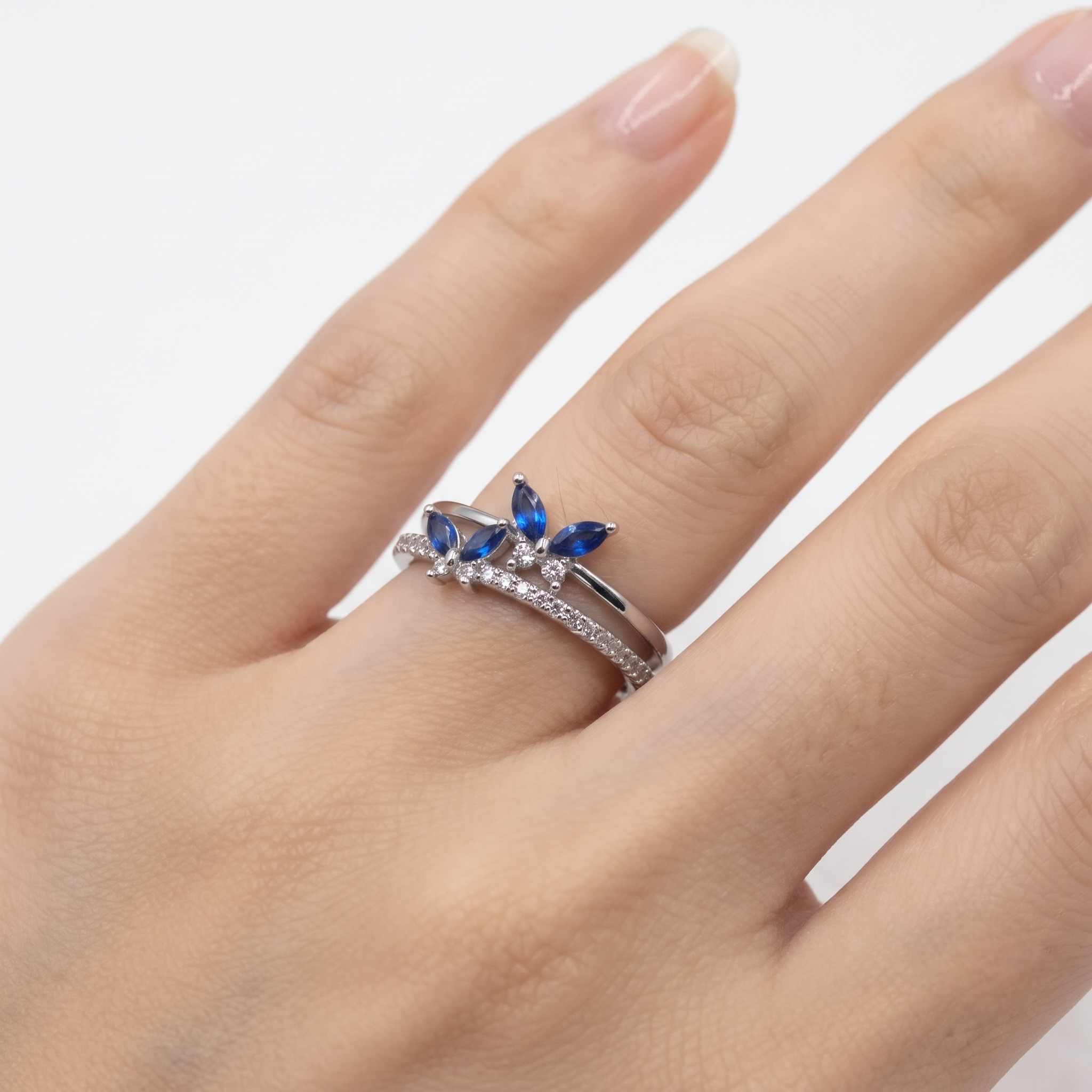 925 Sterling Silver Blue Marquise CZ Floral Ring for Women on Slate Stone Display