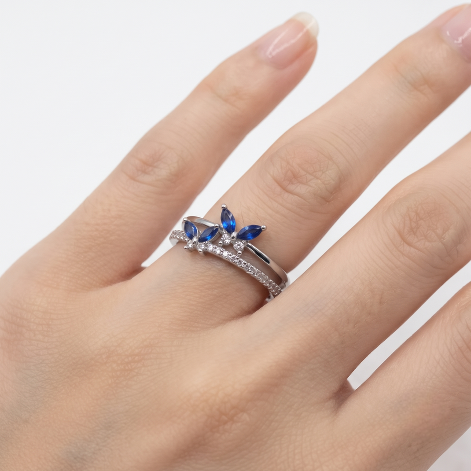 925 Sterling Silver Blue Marquise CZ Floral Ring for Women on Slate Stone Display