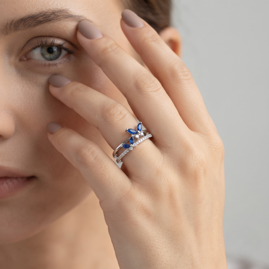 925 Sterling Silver Blue Marquise CZ Floral Ring for Women on Slate Stone Display