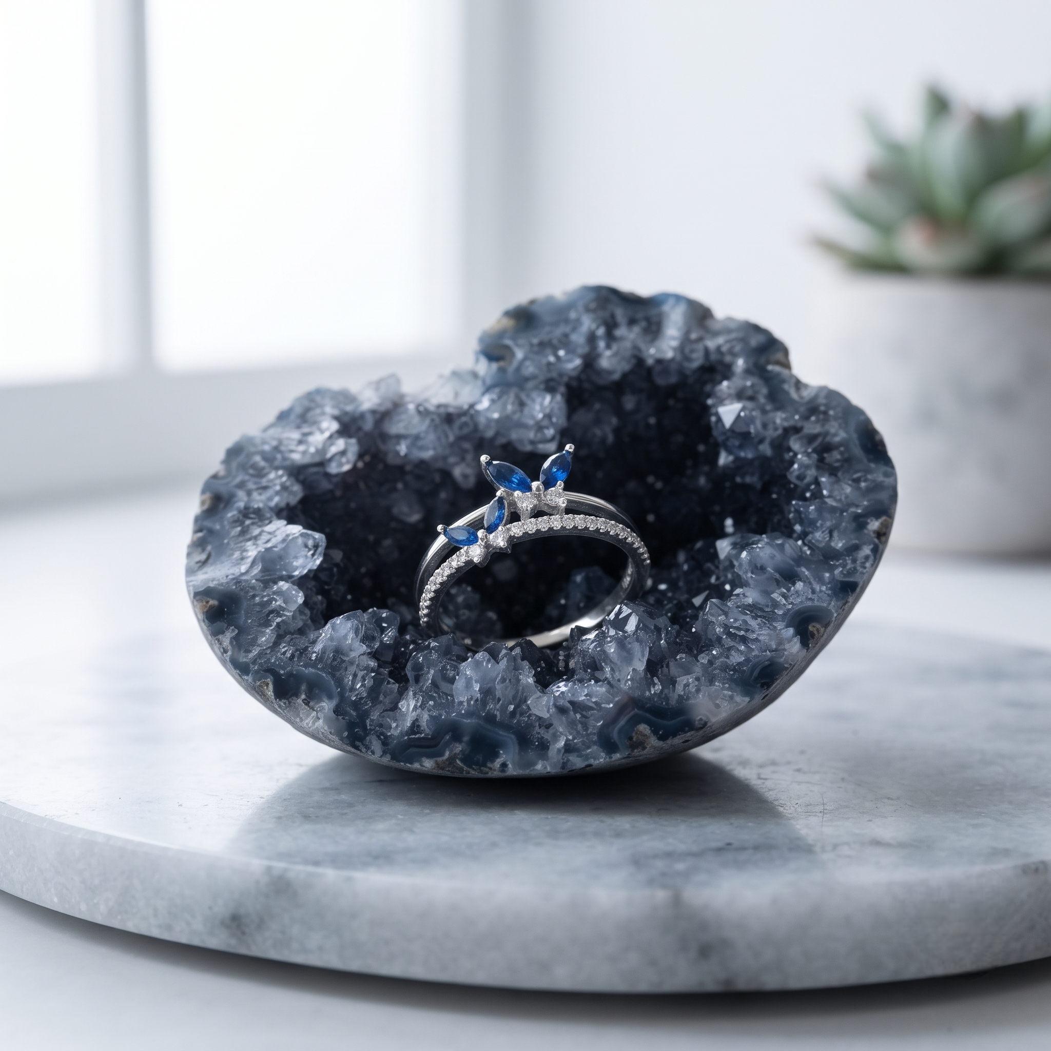 925 Sterling Silver Blue Marquise CZ Floral Ring for Women on Slate Stone Display