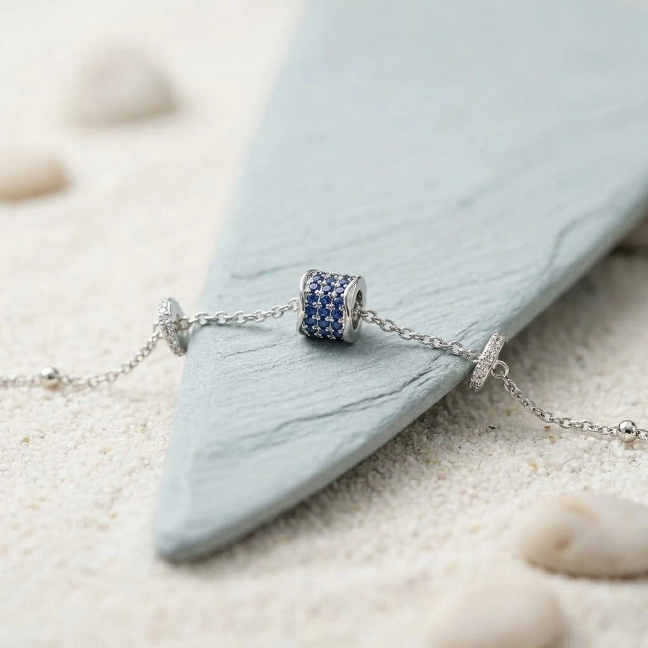 925 Sterling Silver Blue Pavé Barrel Charm Bracelet for Women