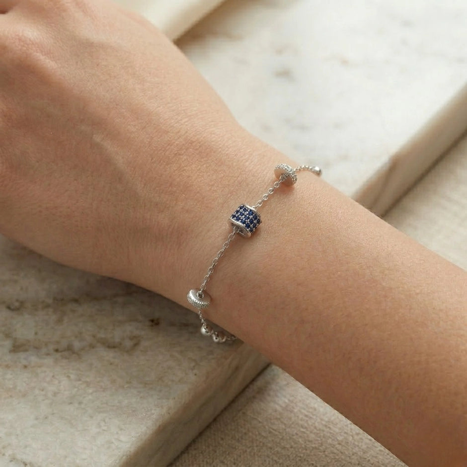 925 Sterling Silver Blue Pavé Barrel Charm Bracelet for Women