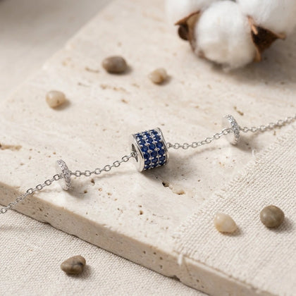 Blue Rectangle & Round Charm 925 Sterling Silver Bracelet for Women