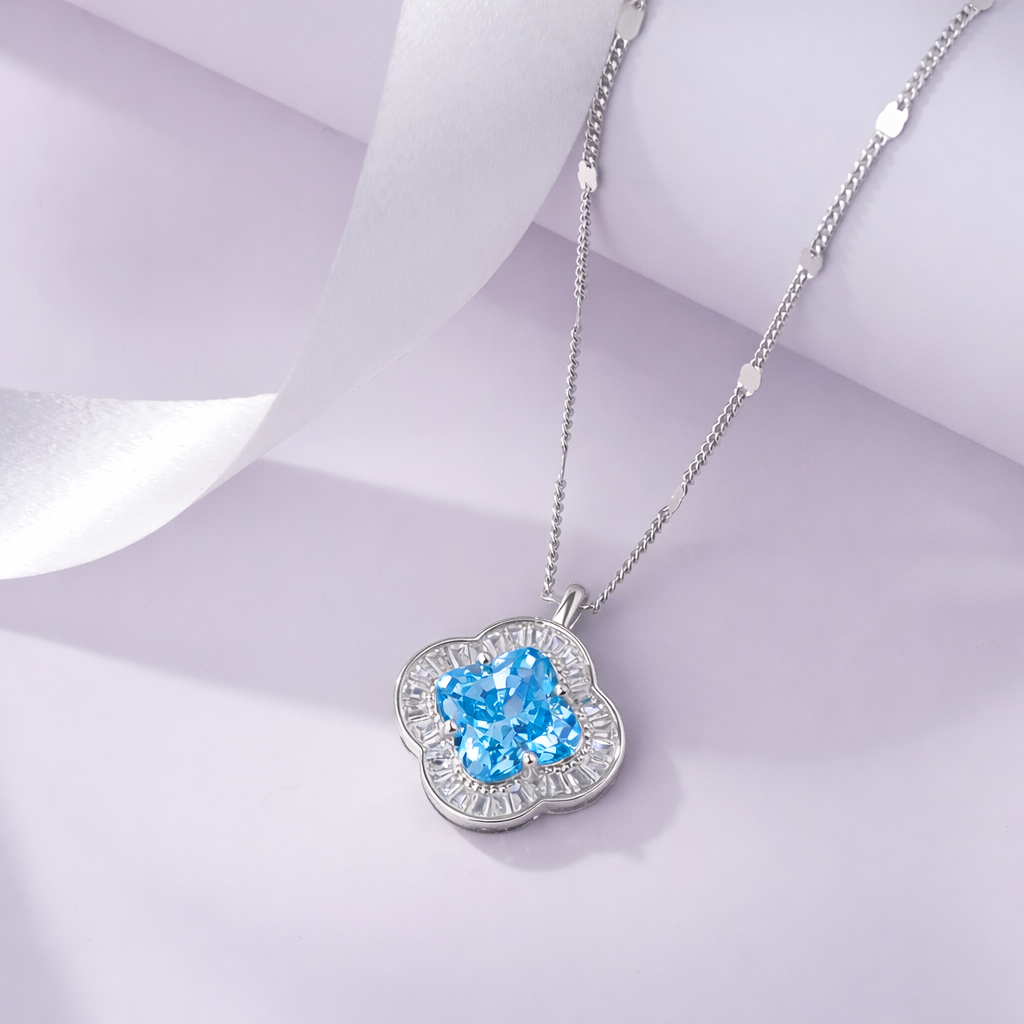 Azure Blue Stone Floral 925 Silver Pendant Necklace