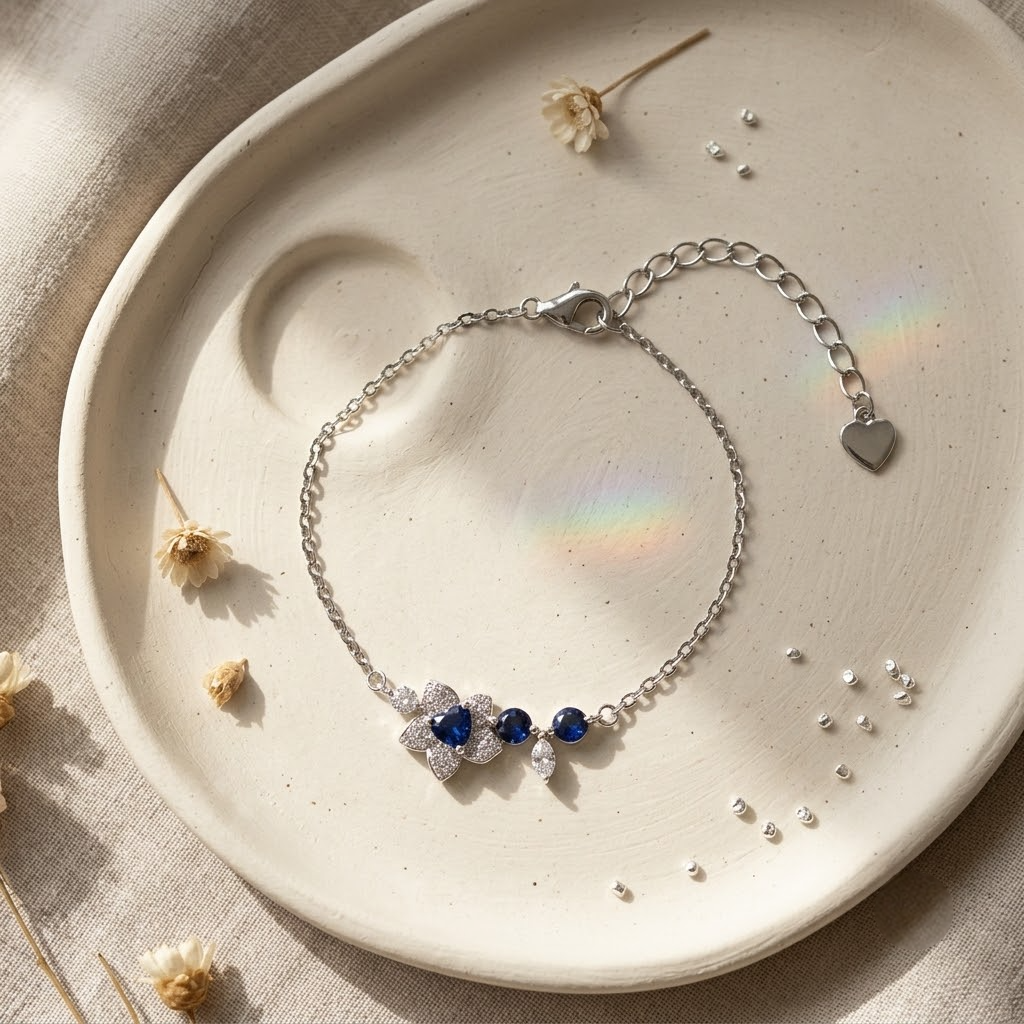 Blue Sapphire CZ Flower 925 Sterling Silver Bracelet for Women