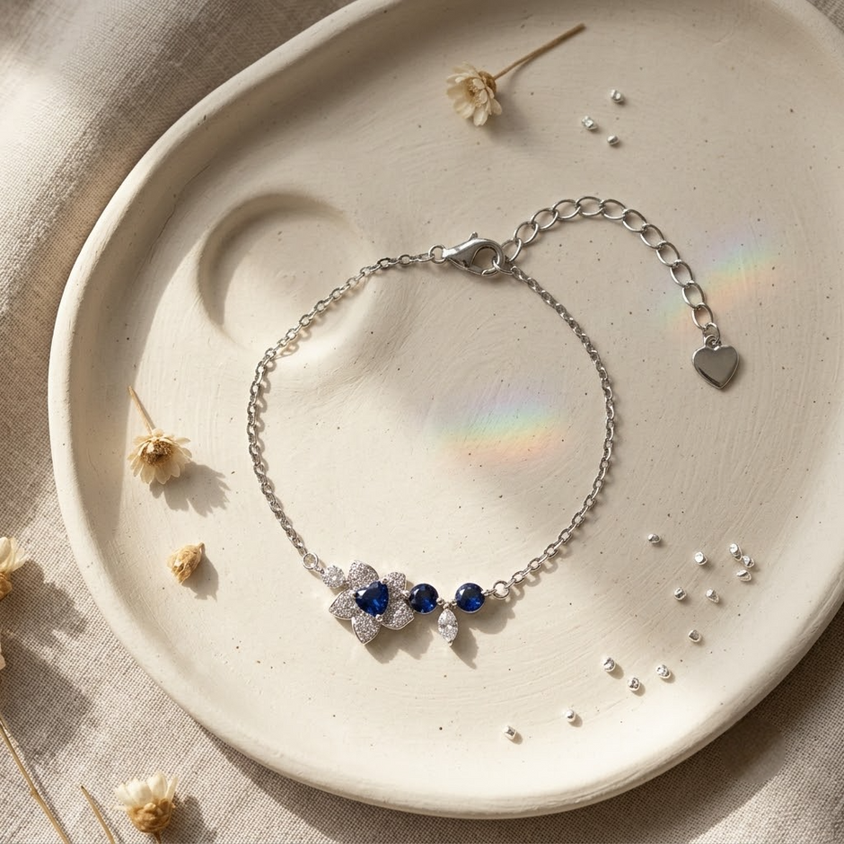 Blue Sapphire CZ Flower 925 Sterling Silver Bracelet for Women