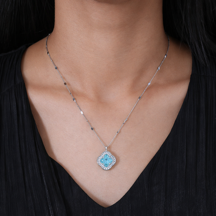Blue Stone Floral Design Azure Diamond in 925 Sterling Silver Pendant Chain for Women