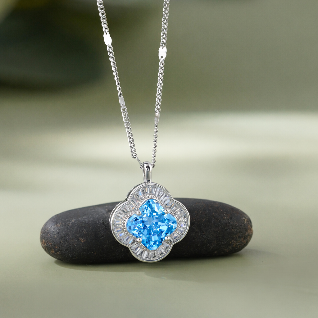 Azure Blue Stone Floral 925 Silver Pendant Necklace