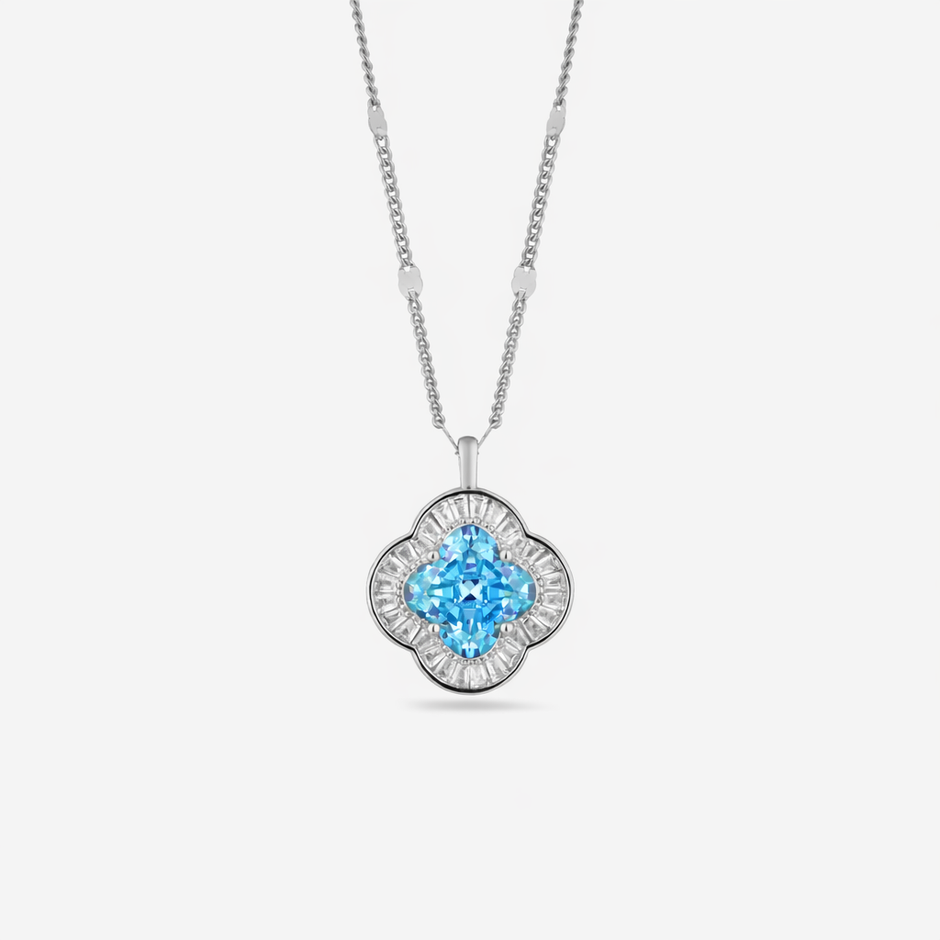 Blue Stone Floral Design Azure Diamond in 925 Sterling Silver Pendant Chain for Women