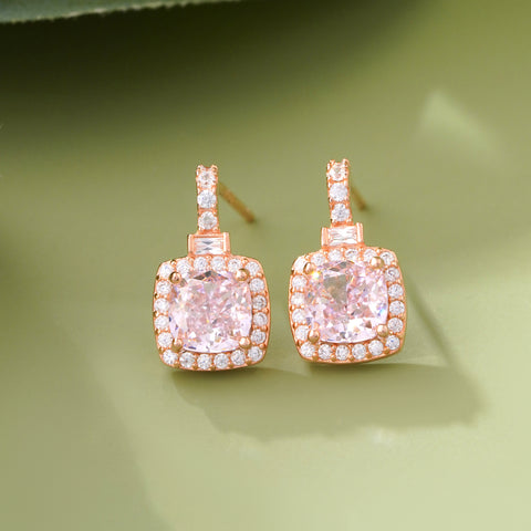 Blush PInk Stone Square Design 925 Sterling Silver Rose Gold Earrings for Women