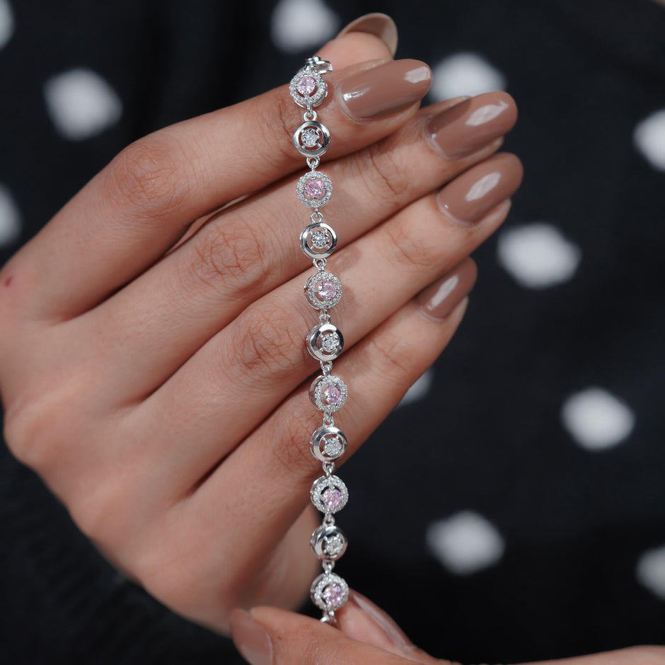 Pink Halo Diamond Adjustable Silver Bracelet for Women