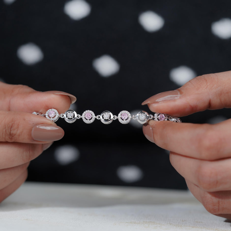Pink Halo Diamond Adjustable Silver Bracelet for Women