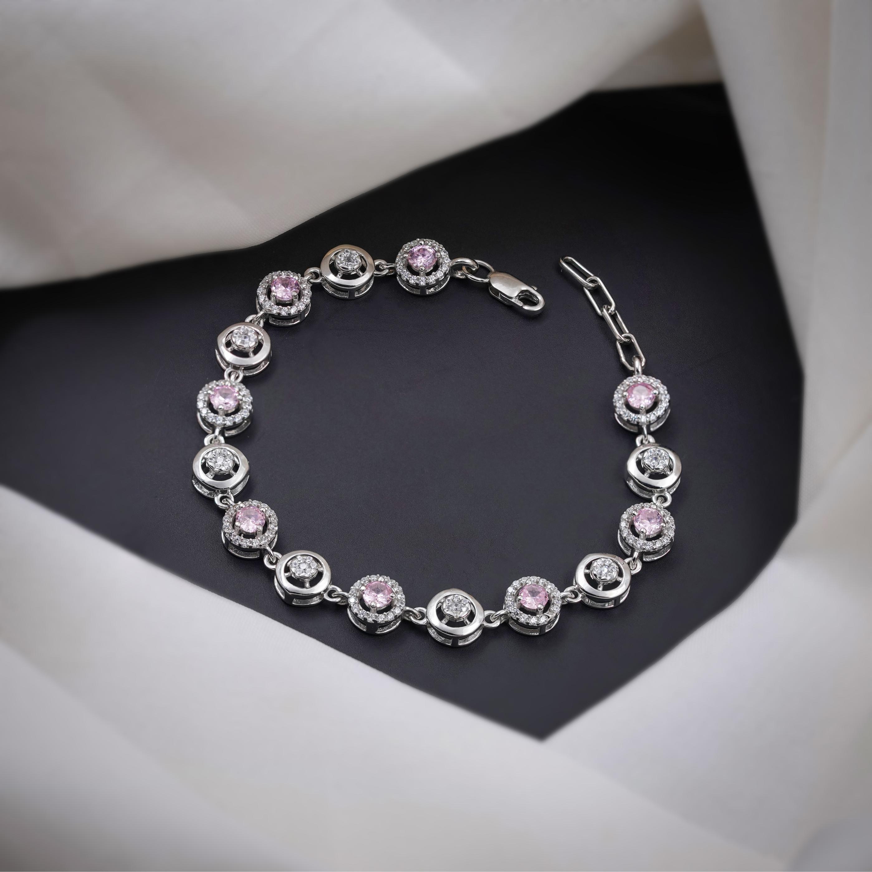 Pink Halo Diamond Adjustable Silver Bracelet for Women