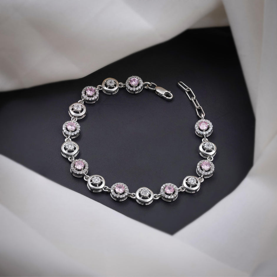 Pink Halo Diamond Adjustable Silver Bracelet for Women