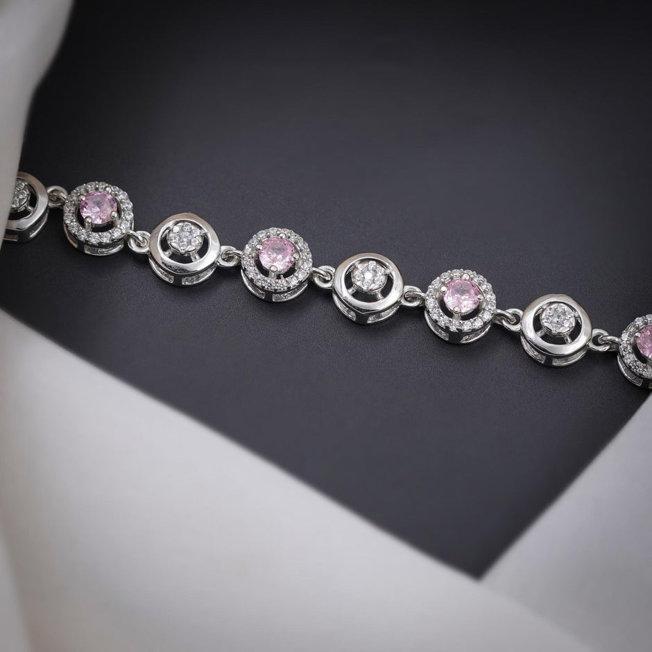 Pink Halo Diamond Adjustable Silver Bracelet for Women