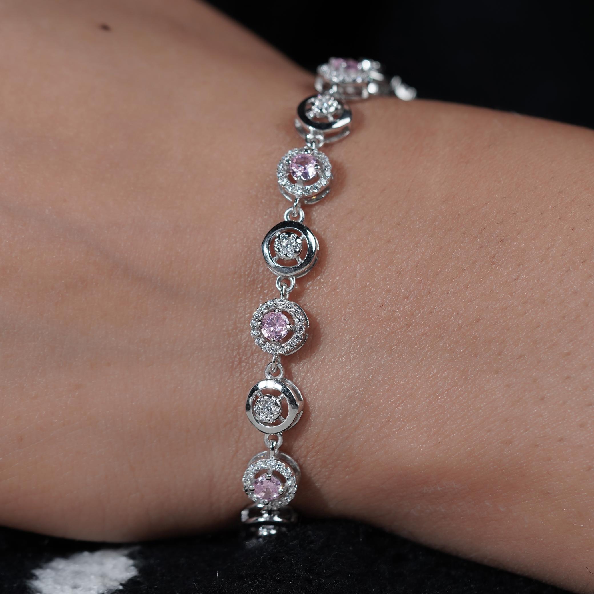 Pink Halo Diamond Adjustable Silver Bracelet for Women