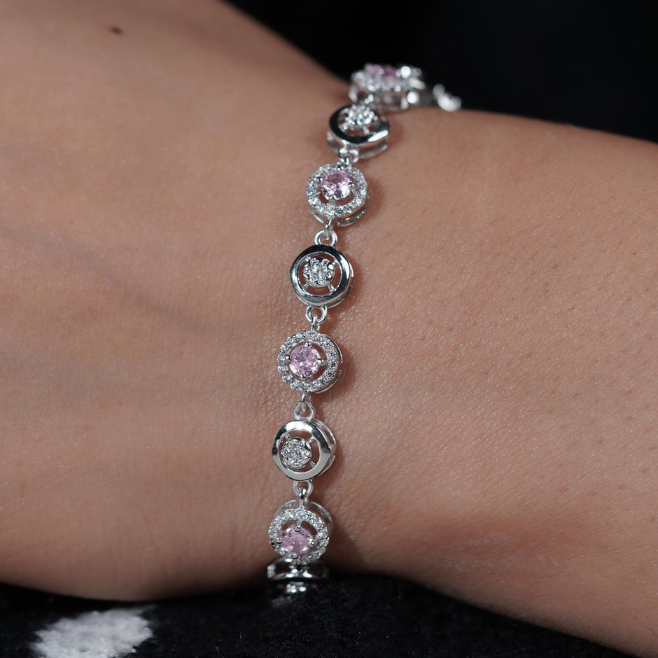 Pink Halo Diamond Adjustable Silver Bracelet for Women