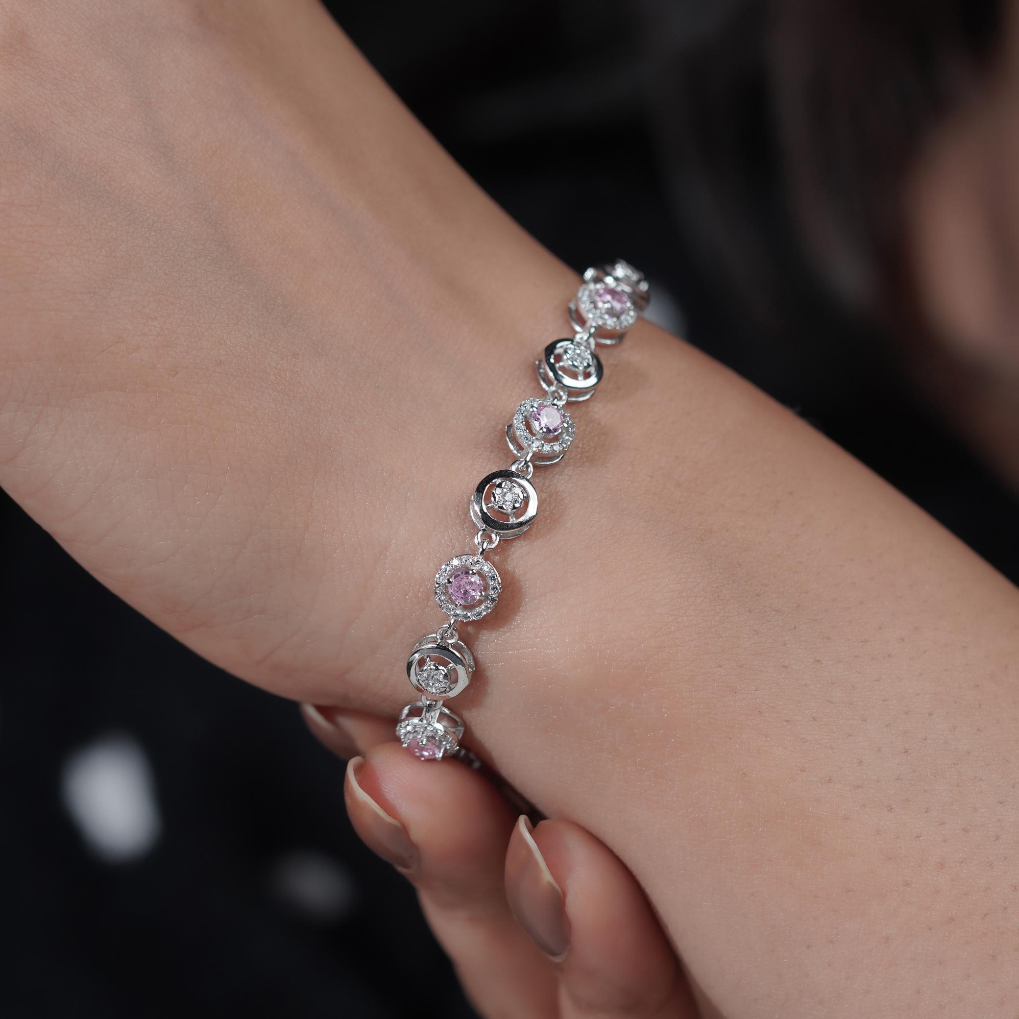Pink Halo Diamond Adjustable Silver Bracelet for Women