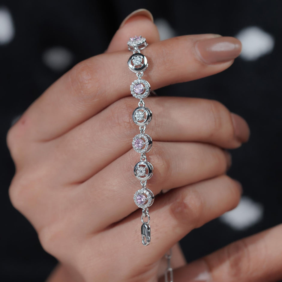 Pink Halo Diamond Adjustable Silver Bracelet for Women