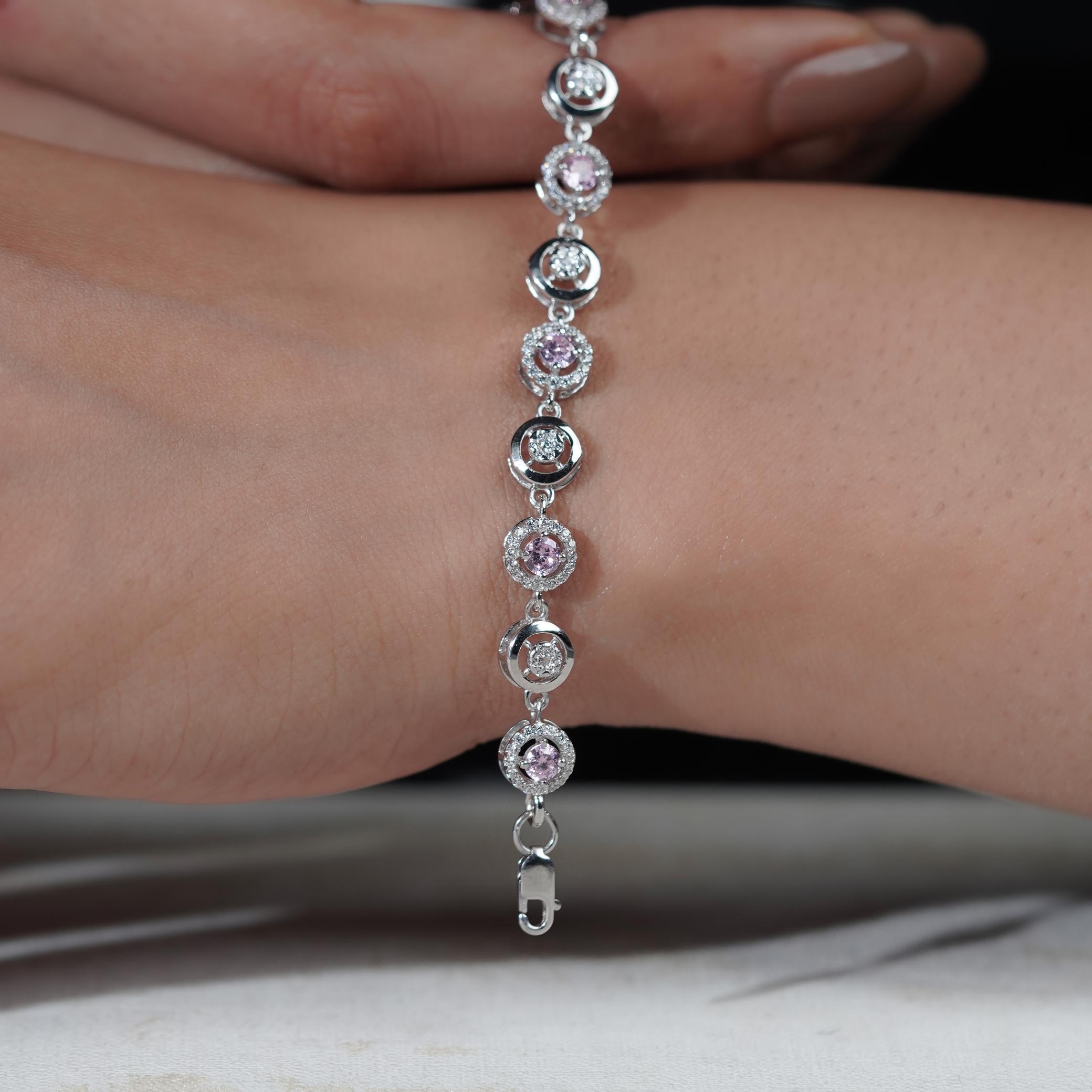 Pink Halo Diamond Adjustable Silver Bracelet for Women