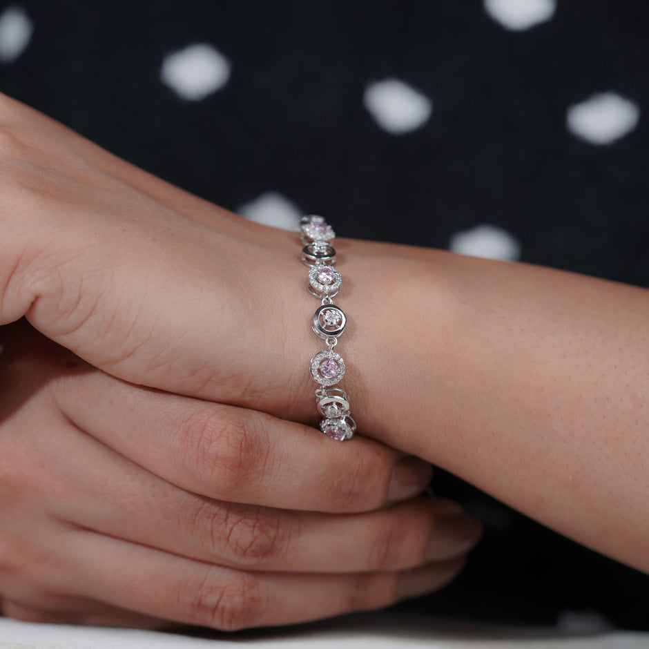 Pink Halo Diamond Adjustable Silver Bracelet for Women