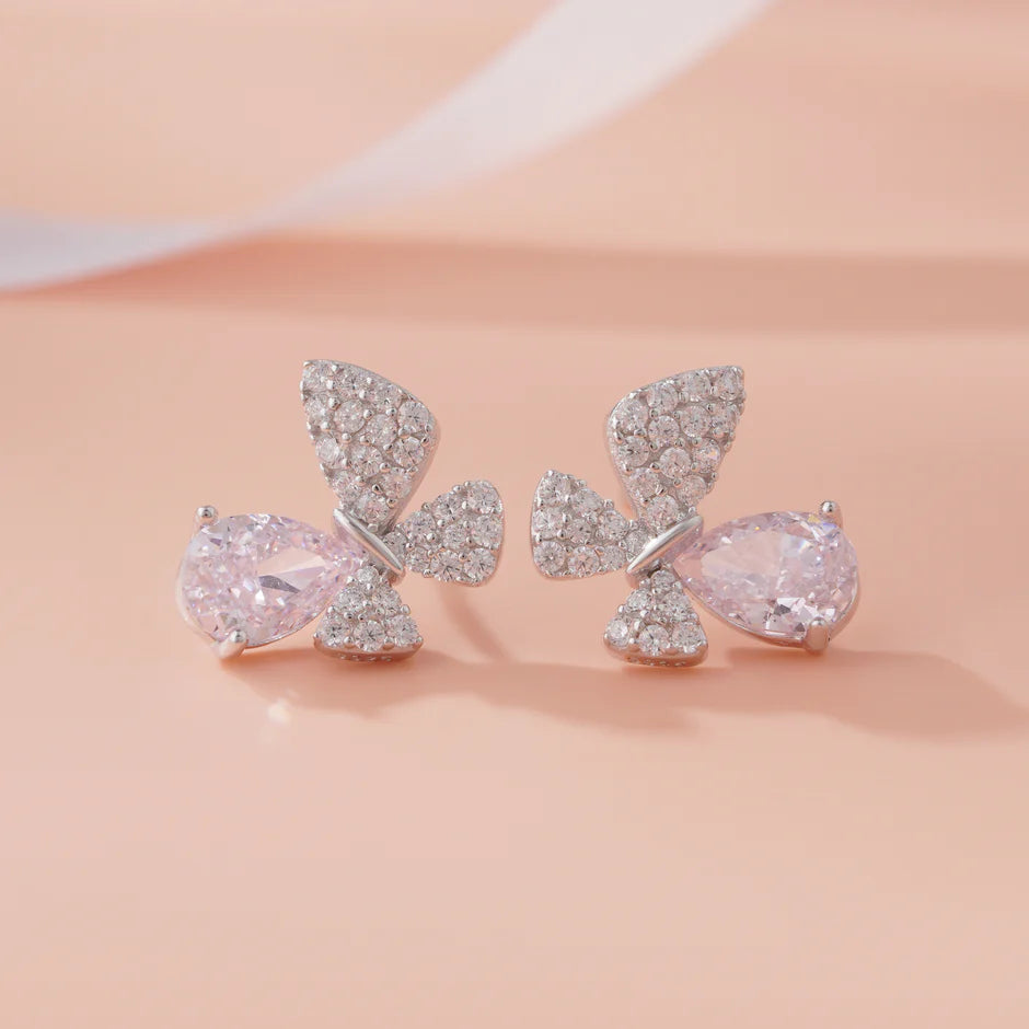 Blush Pink Stone Butterfly Design CZ 925 Sterling Silver Stud Earrings for Women
