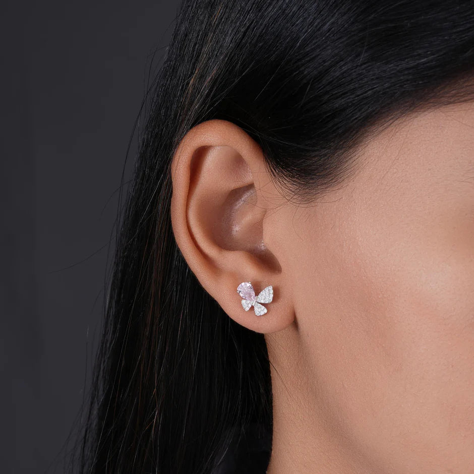 Blush Pink Stone Butterfly Design CZ 925 Sterling Silver Stud Earrings for Women