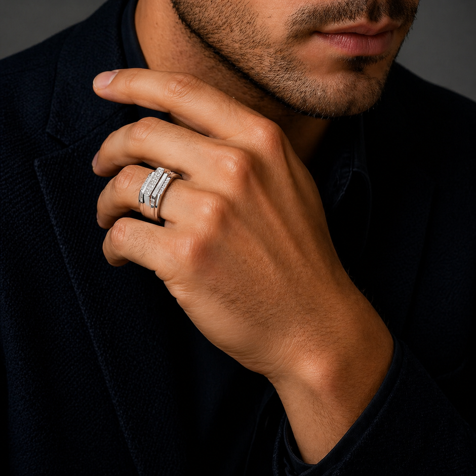 Modern Men's Silver Statement Ring with Pavé CZ Diamond Design