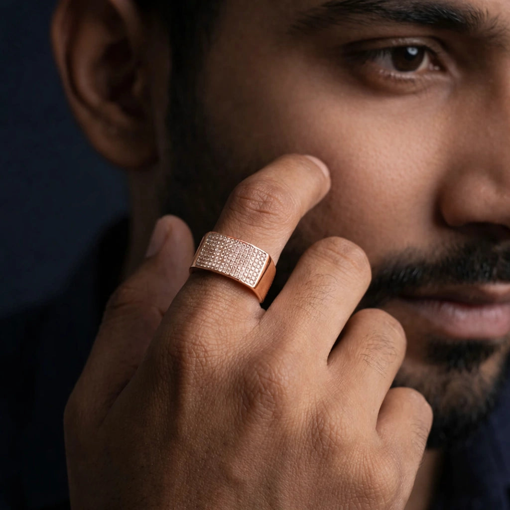 Rose Gold Finish Square Diamond-Look 925 Silver Ring for Men