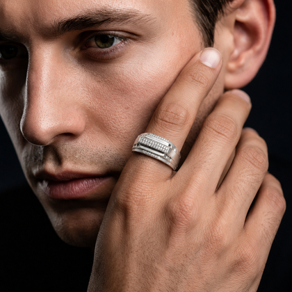 Modern Men's Silver Statement Ring with Pavé CZ Diamond Design