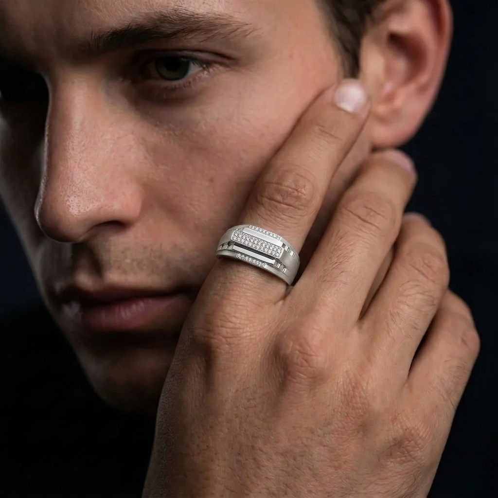 Bold Multi-Layered 925 Sterling Silver Men's Ring with Stone Detailing