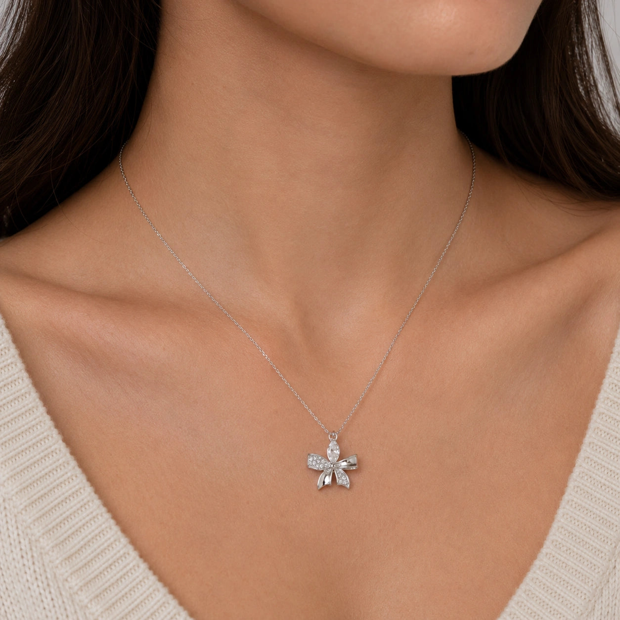Bow Diamond 925 Sterling Silver Pendant Chain for Women