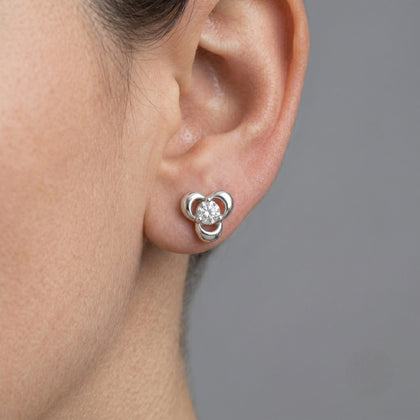 925 Sterling Silver Floral Cubic Zirconia Stud Earrings with Three-Petal Flower Design for Women
