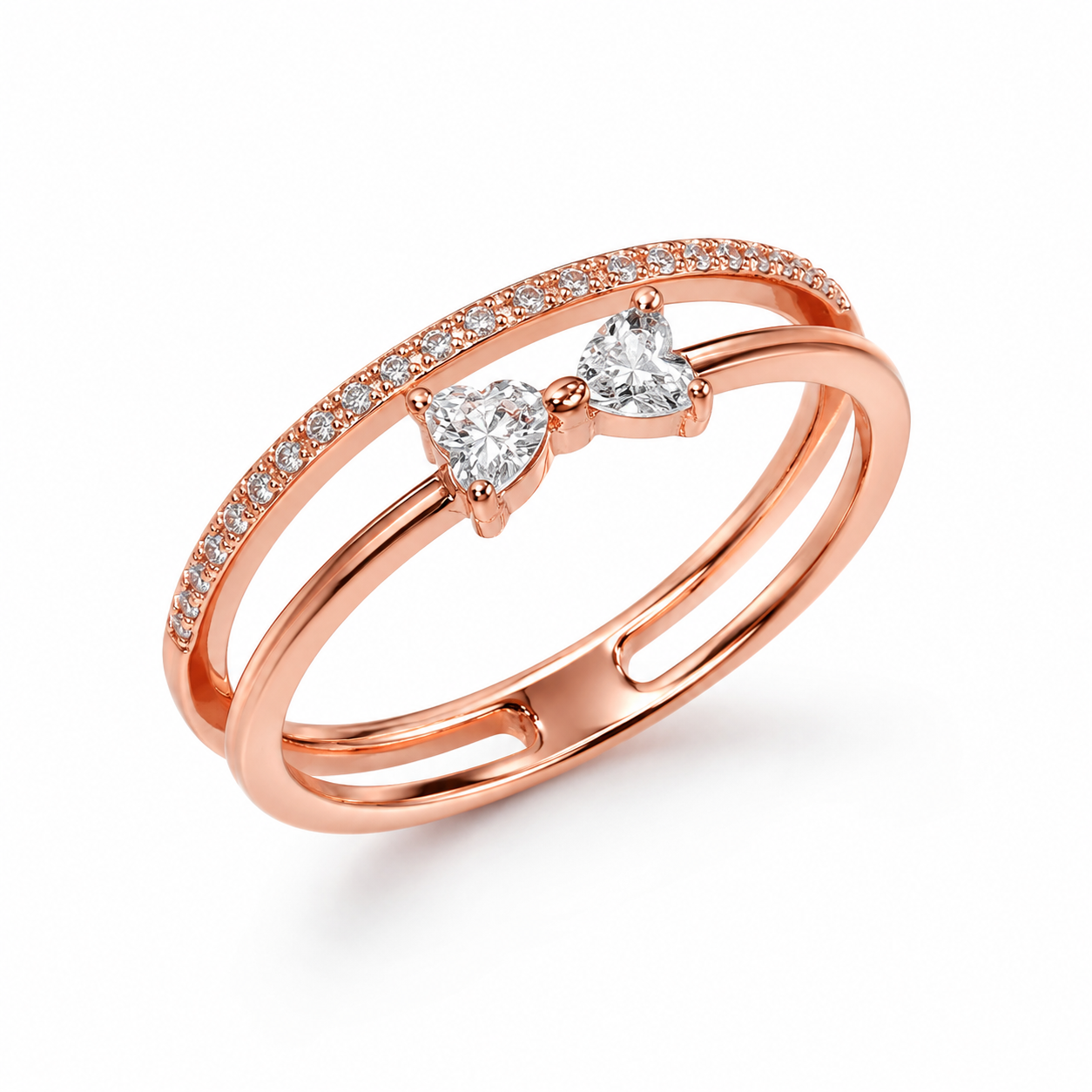 925 Sterling Silver Rose Gold Double Band Bow CZ Open Ring