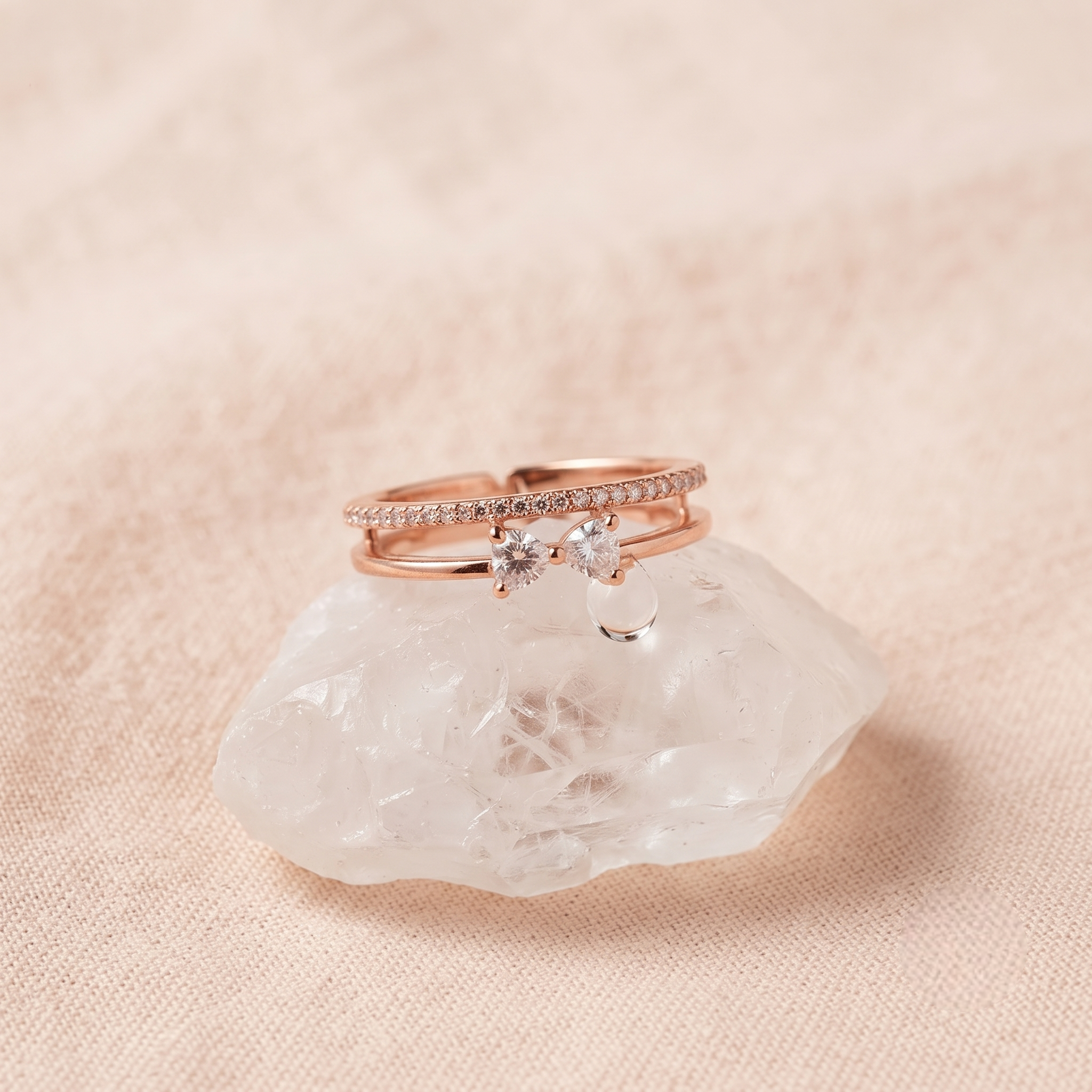 925 Sterling Silver Rose Gold Double Band Bow CZ Open Ring