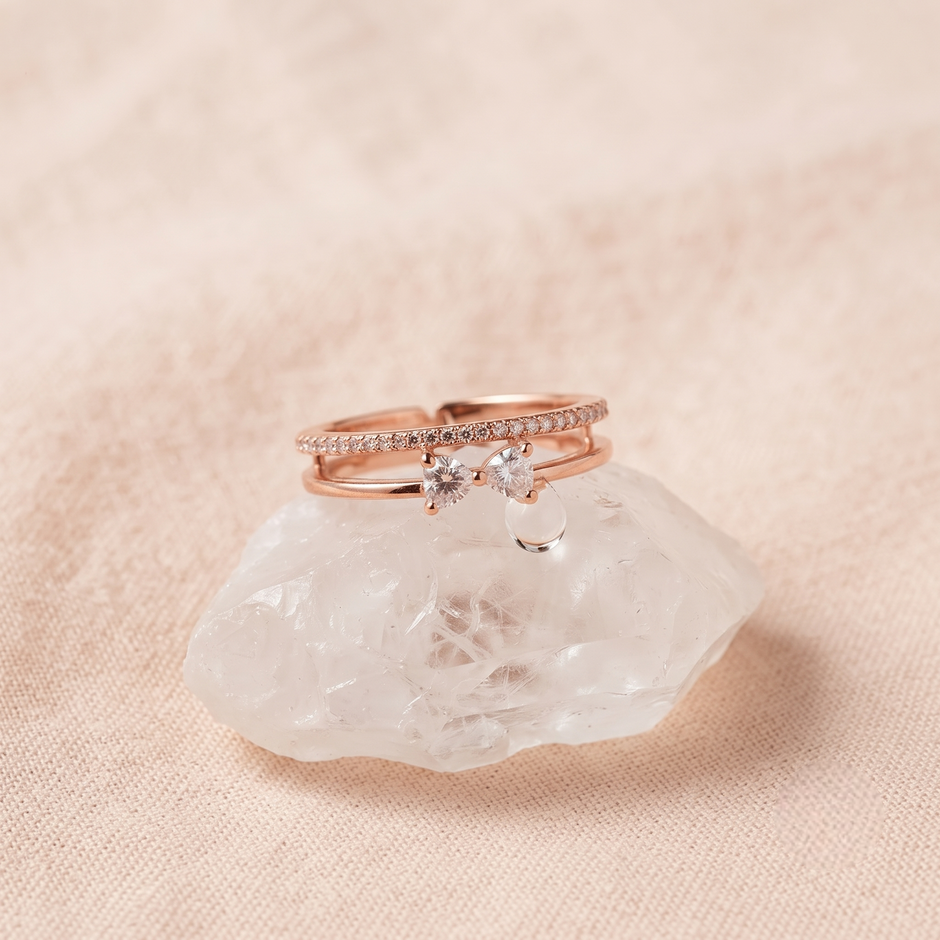 925 Sterling Silver Rose Gold Double Band Bow CZ Open Ring