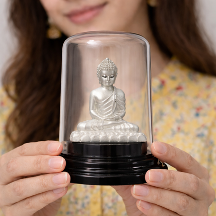 Buddha Ji Silver Murti with Glass Dome