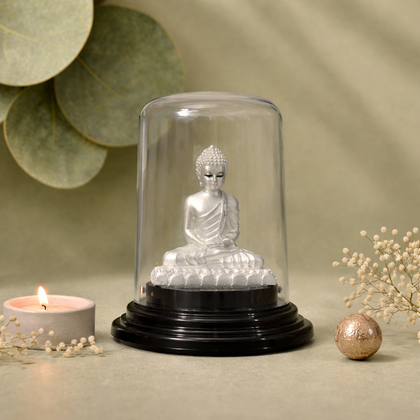 Buddha Ji Silver Murti with Glass Dome
