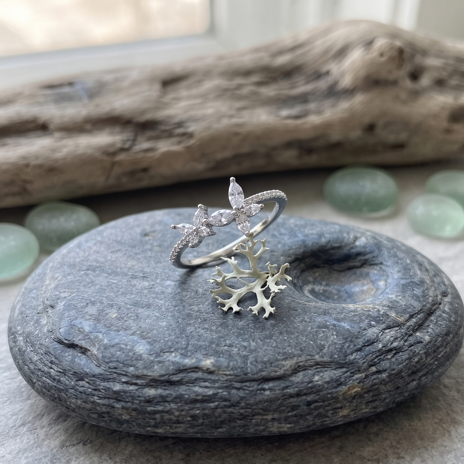 925 Sterling Silver Butterfly Marquise CZ Ring for Women on Black Stone Display